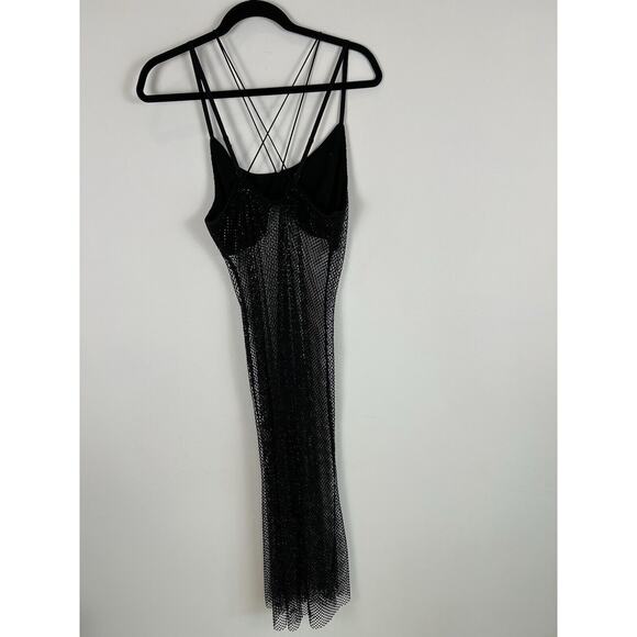 Dressy Mesh Midi Dress Goth Emo Size M/L Fishnet Women's Black Beaded Sequin Bra - Picture 4 of 7